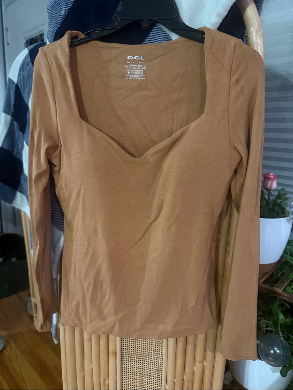 OGL Long Sleeve Sweetheart Neck Top in Camel Brown